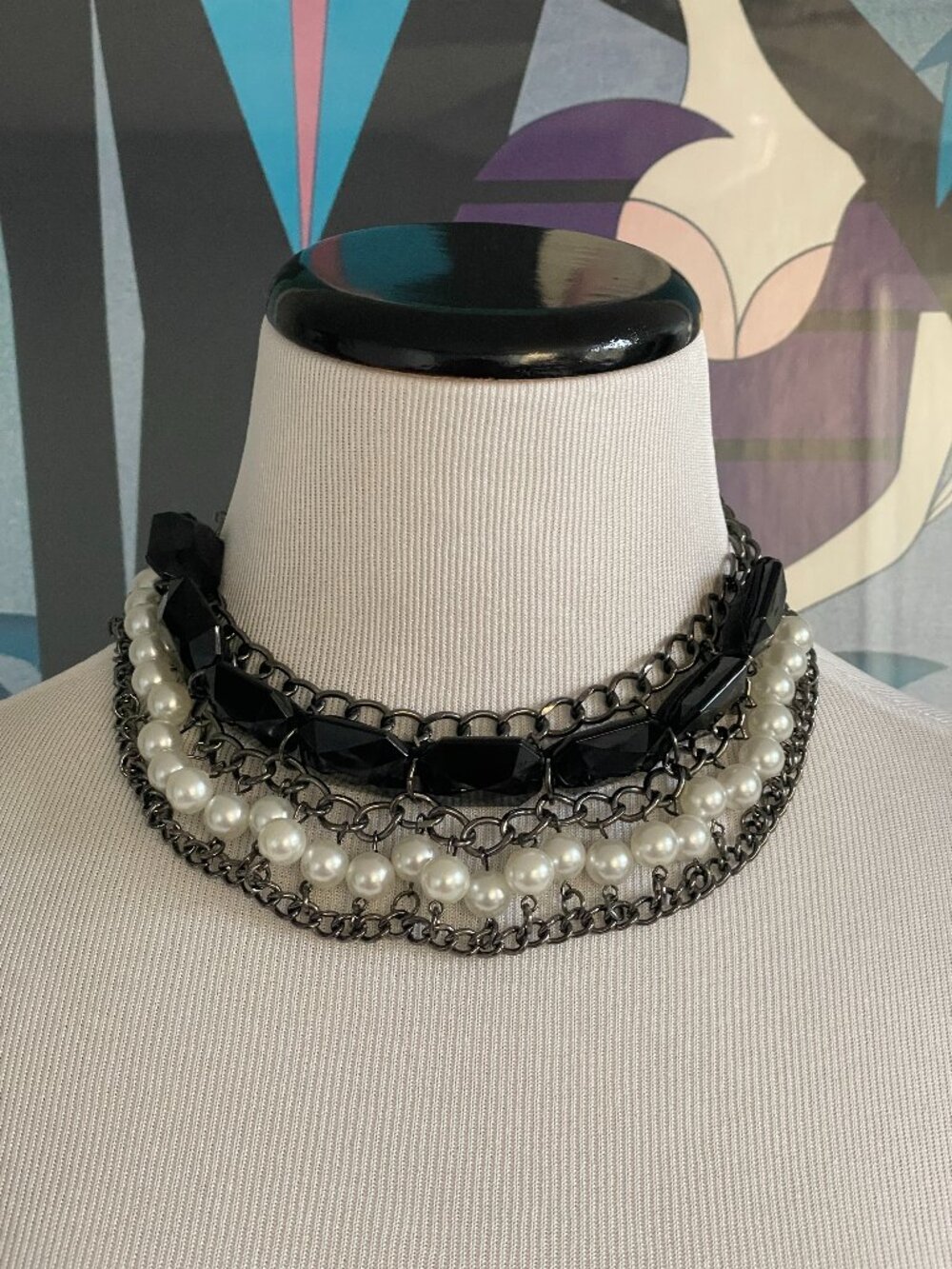 Mixed Media Faux Pearl & Black Bead Multi-Strand Choker Necklace